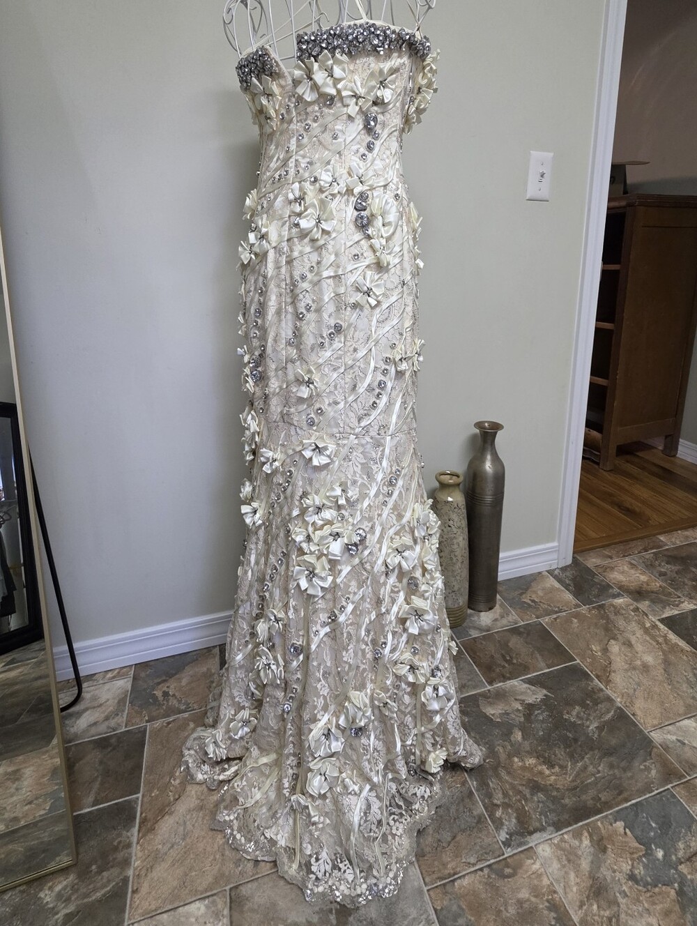 Elegant OOAK Couture Ivory Floral Appliqué Gown with Crystal Accents - Picture 10 of 12
